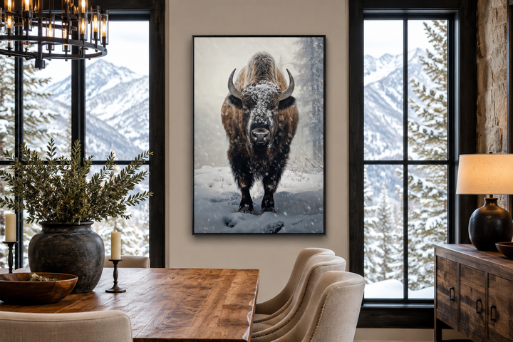 American Buffalo in Snow Framed Canvas Wall Art hanging in a rustic dining room with mountain views.