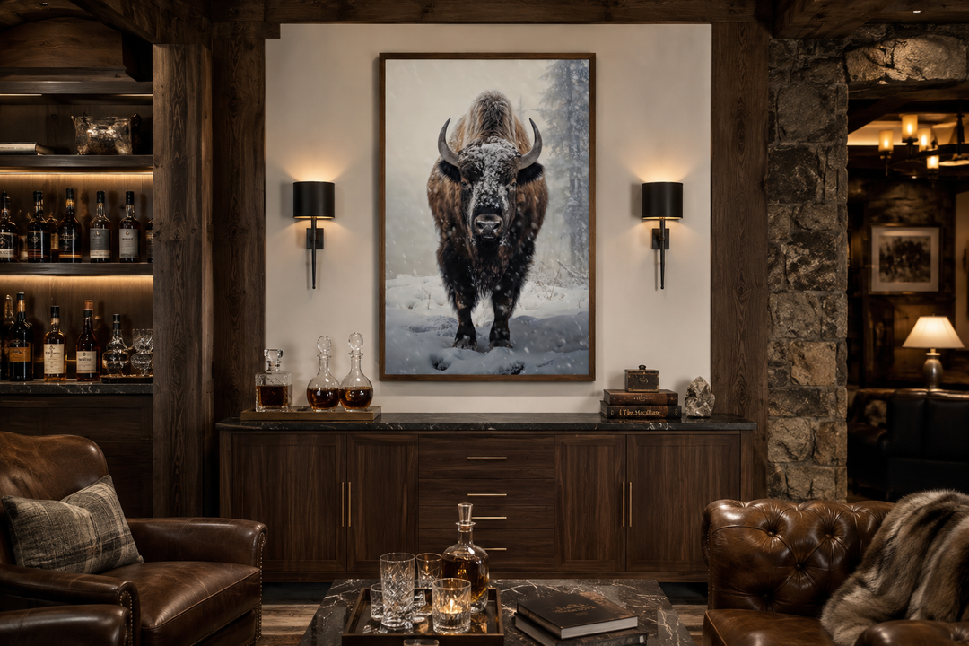 Framed vertical canvas wall art of an American buffalo standing in a snowy winter landscape.