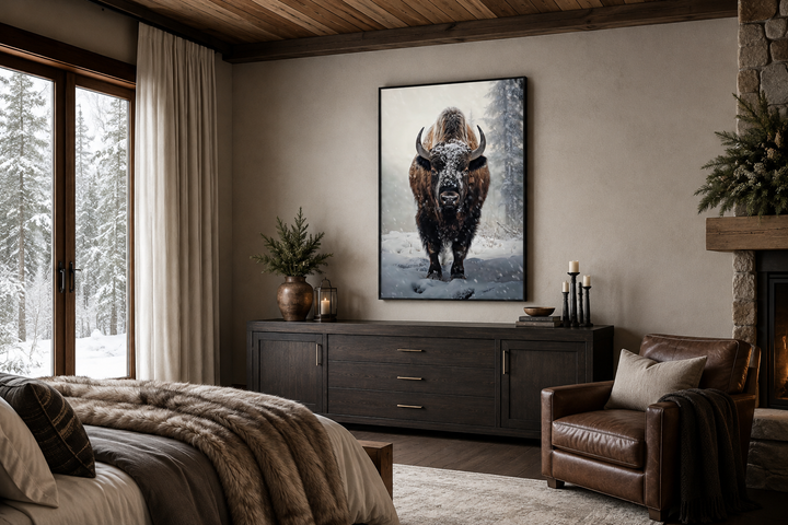 American Buffalo in Snow Framed Canvas Wall Art in a rustic bedroom with a leather chair.
