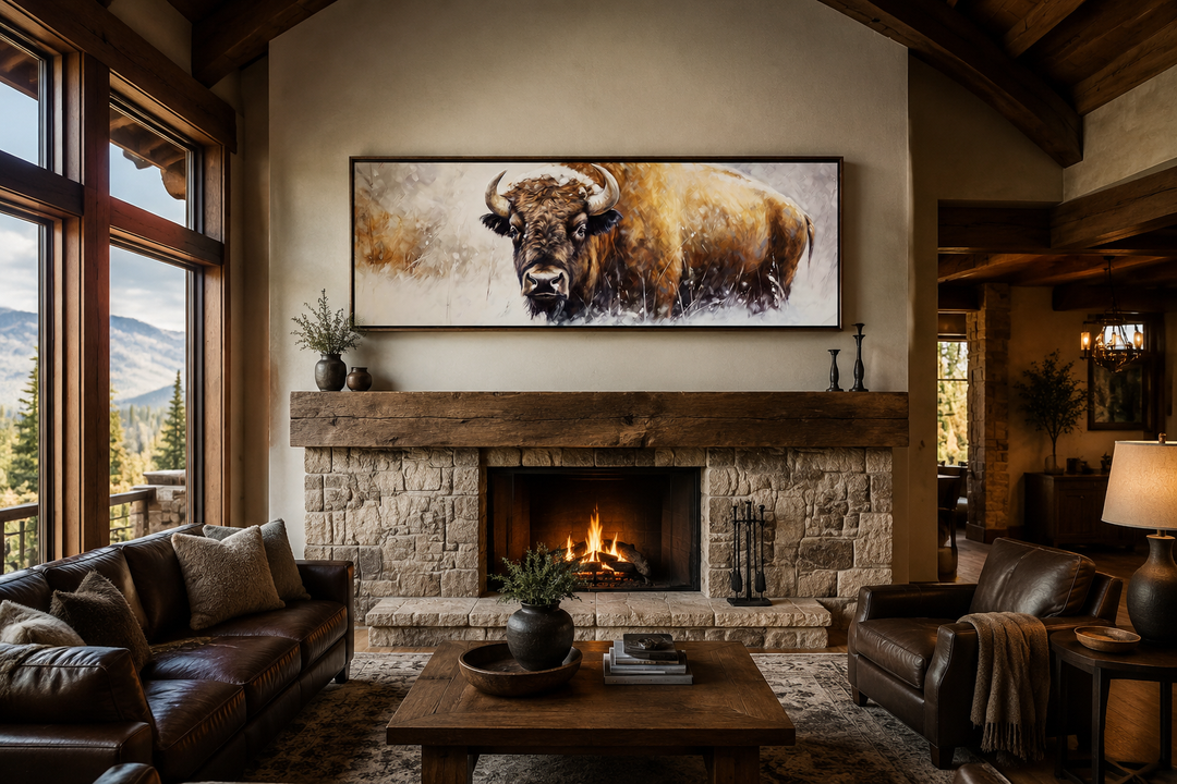 American Buffalo long horizontal framed canvas wall art hanging above a rustic stone fireplace.