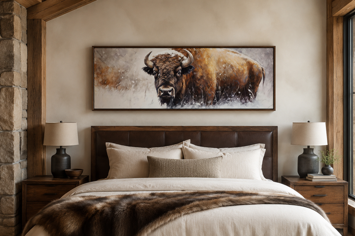 American Buffalo long horizontal framed canvas wall art hanging above a bed in a rustic bedroom.