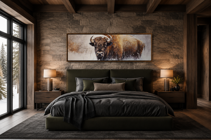 American Buffalo long horizontal framed canvas wall art above a bed in a rustic bedroom.