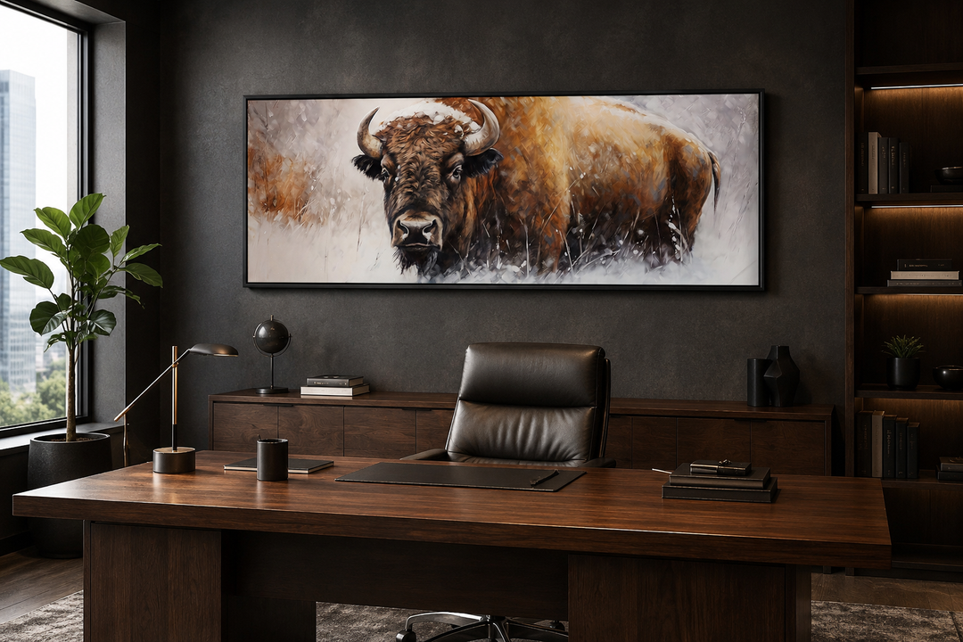 American Buffalo long horizontal framed canvas wall art in a dark, modern office setting.