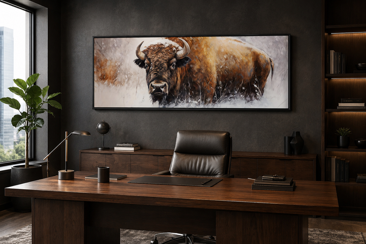 American Buffalo long horizontal framed canvas wall art in a dark, modern office setting.