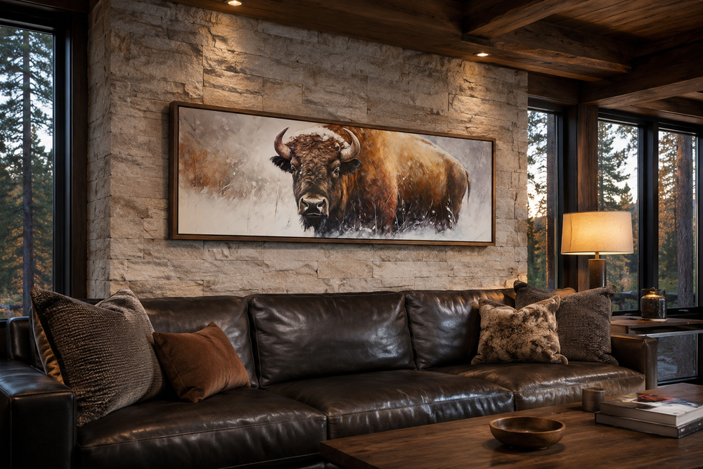 American Buffalo long horizontal framed canvas wall art above a leather sofa in a rustic room.