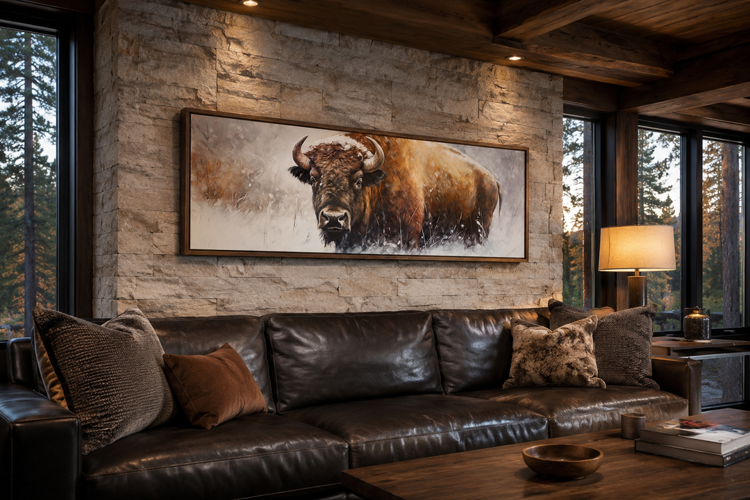 American Buffalo long horizontal framed canvas wall art above a leather sofa in a rustic room.