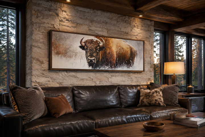 American Buffalo long horizontal framed canvas wall art above a leather sofa in a rustic room.