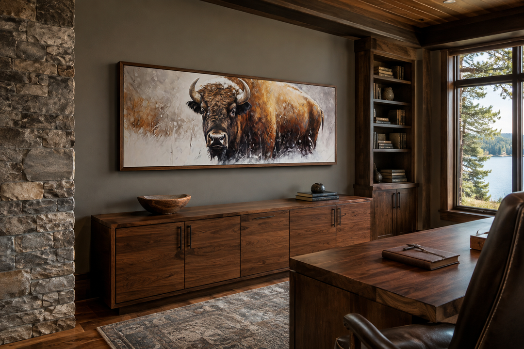 American Buffalo long horizontal framed canvas wall art in a rustic office setting.