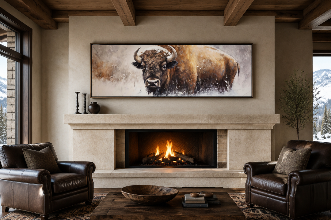 American Buffalo long horizontal framed canvas wall art hanging above a fireplace in a rustic room.