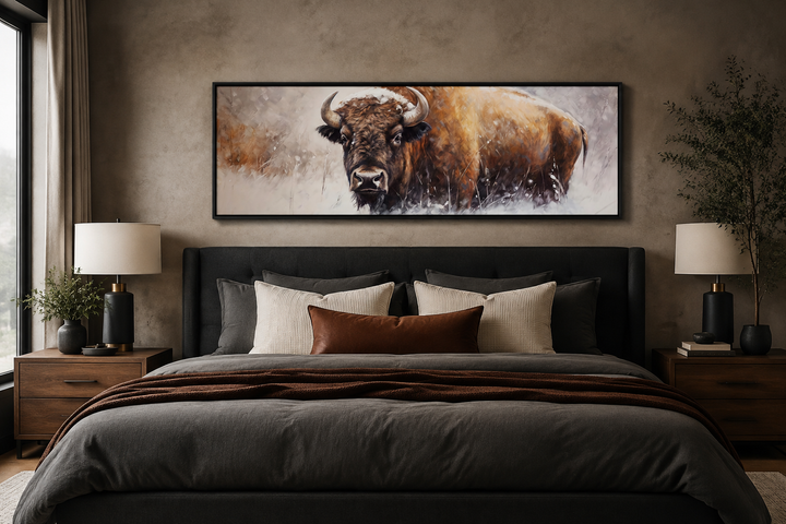 American Buffalo long horizontal framed canvas wall art hanging above a bed in a modern bedroom.
