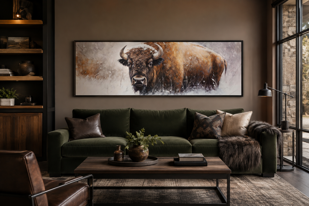 American Buffalo long horizontal framed canvas wall art hanging above a green velvet sofa.