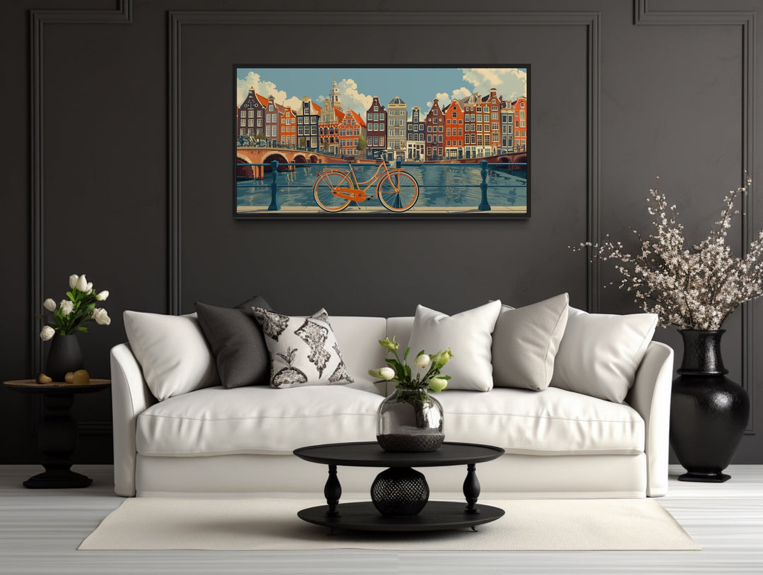 Amsterdam Canal Wall Art – Framed Bicycle Canvas Print | Rustic Vintage Decor