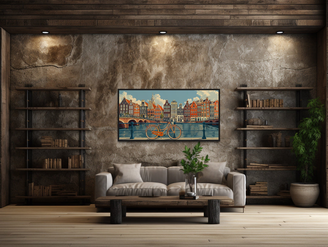 Amsterdam Canal Wall Art – Framed Bicycle Canvas Print | Rustic Vintage Decor