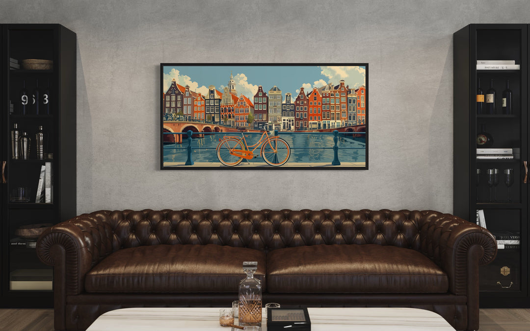 Amsterdam Canal Wall Art – Framed Bicycle Canvas Print | Rustic Vintage Decor