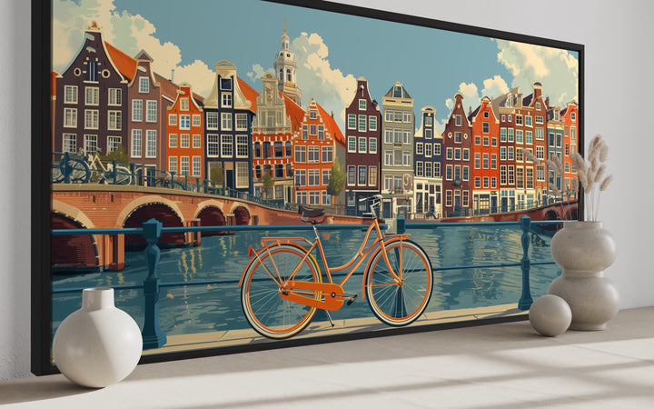 Amsterdam Canal Wall Art – Framed Bicycle Canvas Print | Rustic Vintage Decor