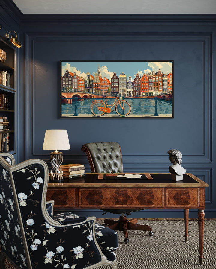Amsterdam Canal Wall Art – Framed Bicycle Canvas Print | Rustic Vintage Decor