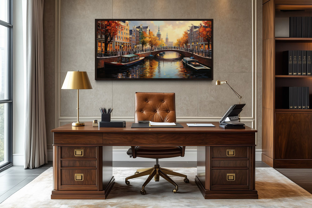 Amsterdam canal framed canvas print with urban sophistication decor.