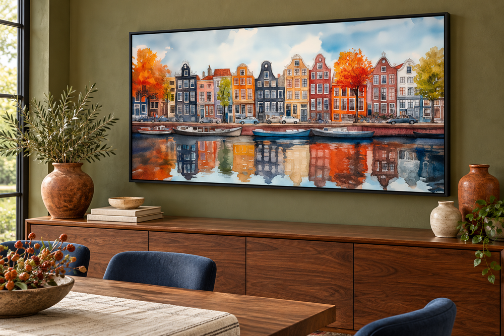 Amsterdam canal watercolor framed canvas wall art featuring colorful Dutch houses and boats.