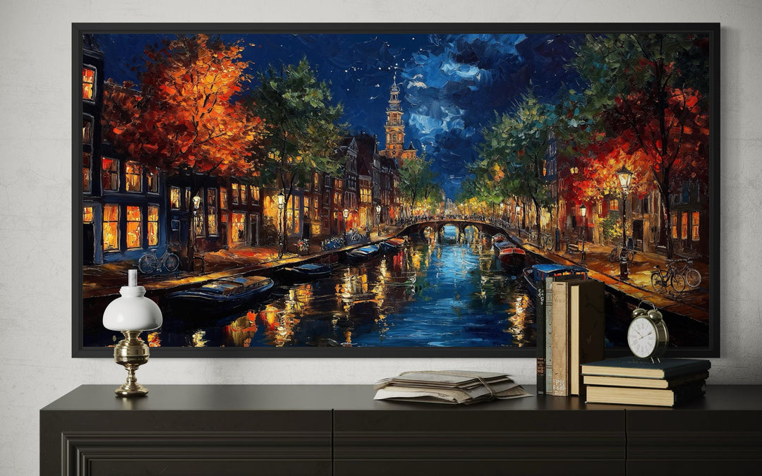 Large horizontal canvas wall art of a vibrant impressionist painting of an Amsterdam canal at night.