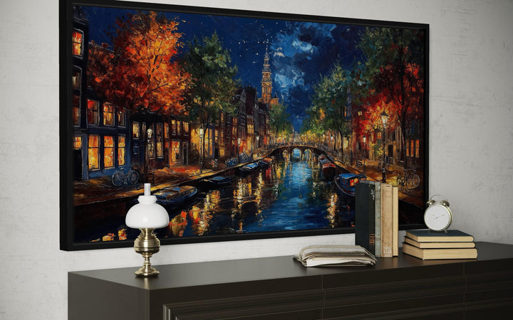 Large horizontal canvas wall art of an Amsterdam canal at night with vibrant, painterly reflections.