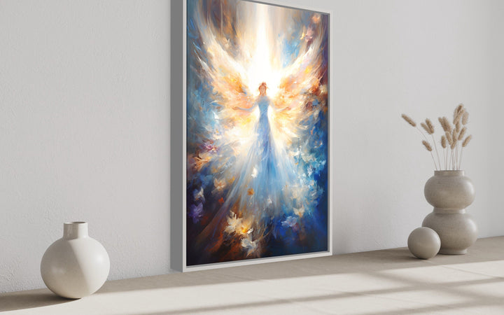 Angel In Blue Heavenly Light Framed Canvas Wall Art