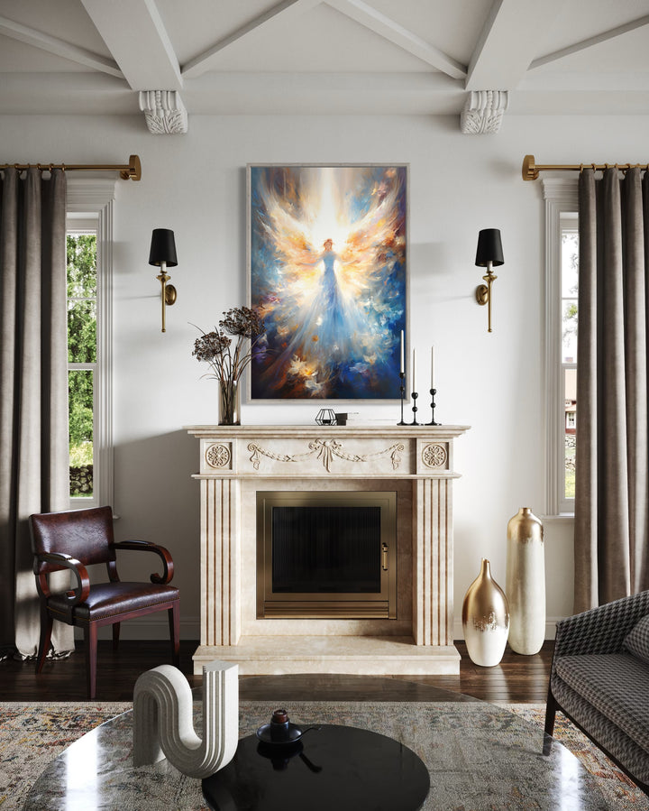 Angel In Blue Heavenly Light Framed Canvas Wall Art