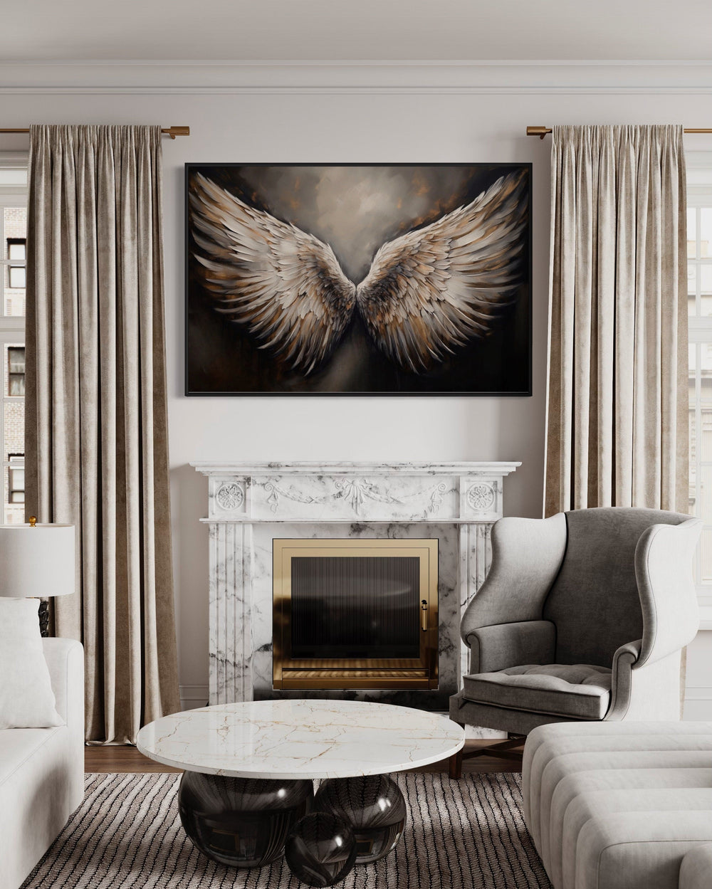 Angel Wings Brown Framed Canvas Wall Art above mantel