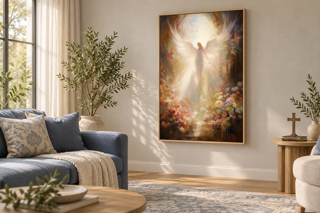 Angel in Heaven Christian framed canvas wall art in a serene living room setting.