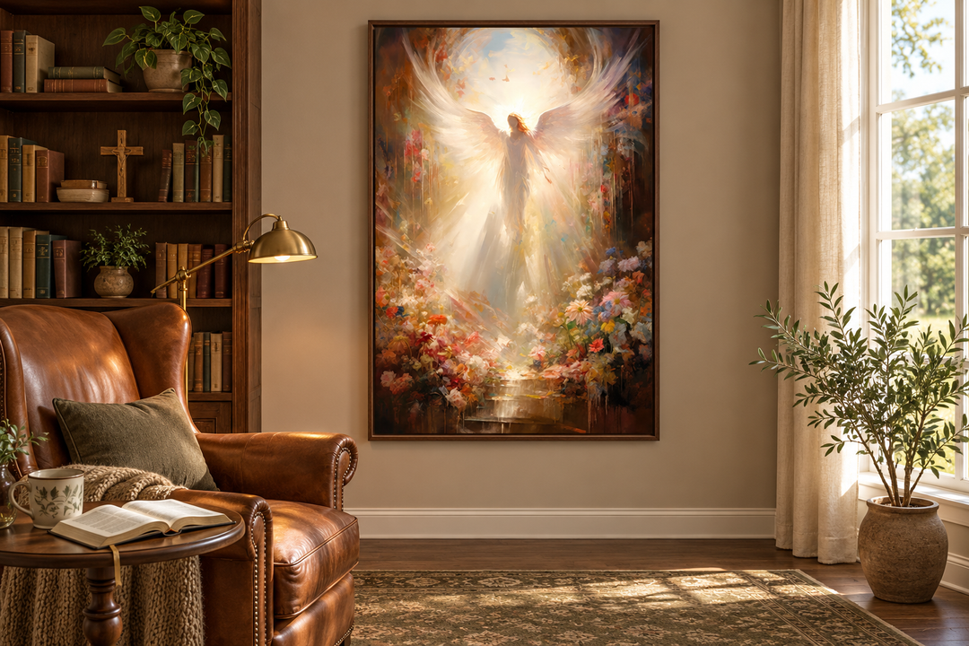 Framed canvas wall art of a radiant angel with wings in a garden of flowers, hung in a reading room.