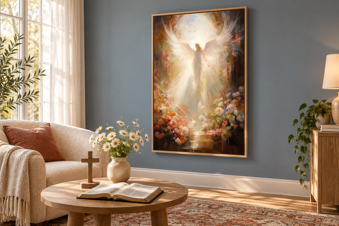 Framed canvas wall art of an angel with radiant light and flowers in a serene Christian living room.
