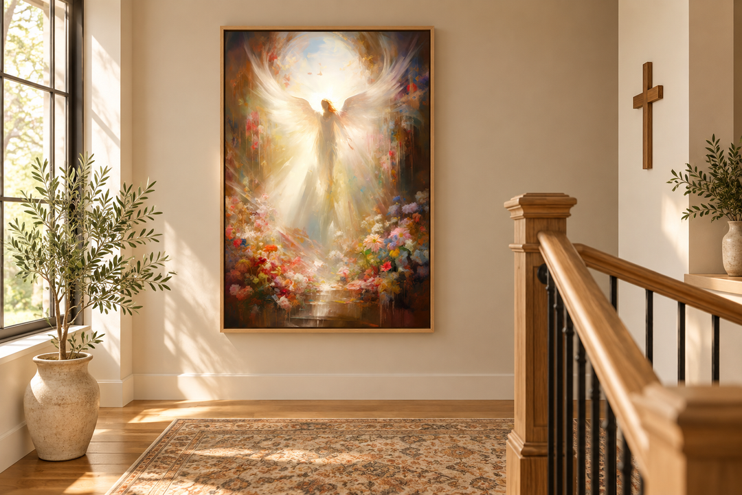Vertical framed canvas wall art of an angel in heavenly light above a field of colorful flowers.