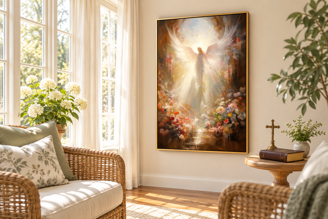 Framed canvas wall art of a radiant angel in heaven with flowers in a sunlit Christian living room.