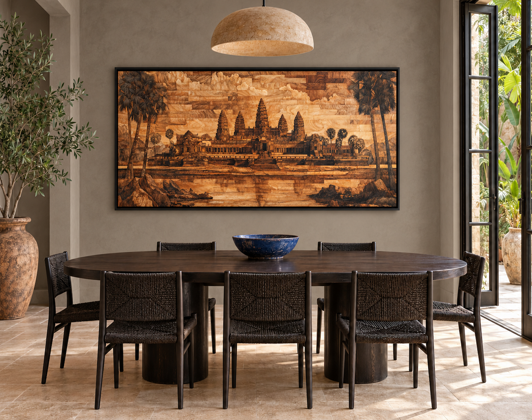 Angkor Wat wood-style panoramic canvas painting hanging in a modern earthy dining room.