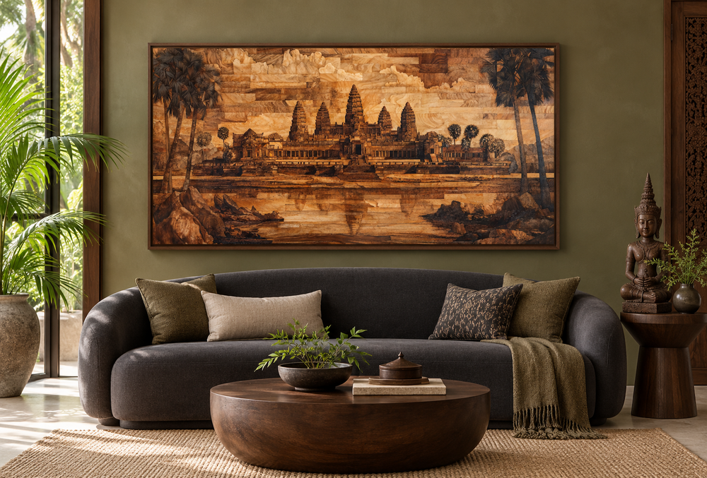 Angkor Wat wood-style canvas wall art in a warm-toned living room above a dark grey sofa.