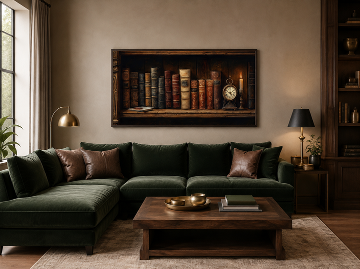 Framed canvas wall art of an antique bookcase with vintage books, a clock, and a candle.