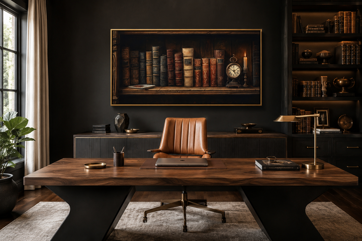 Framed antique bookcase wall art featuring vintage books, a clock, and a candle in a home office.