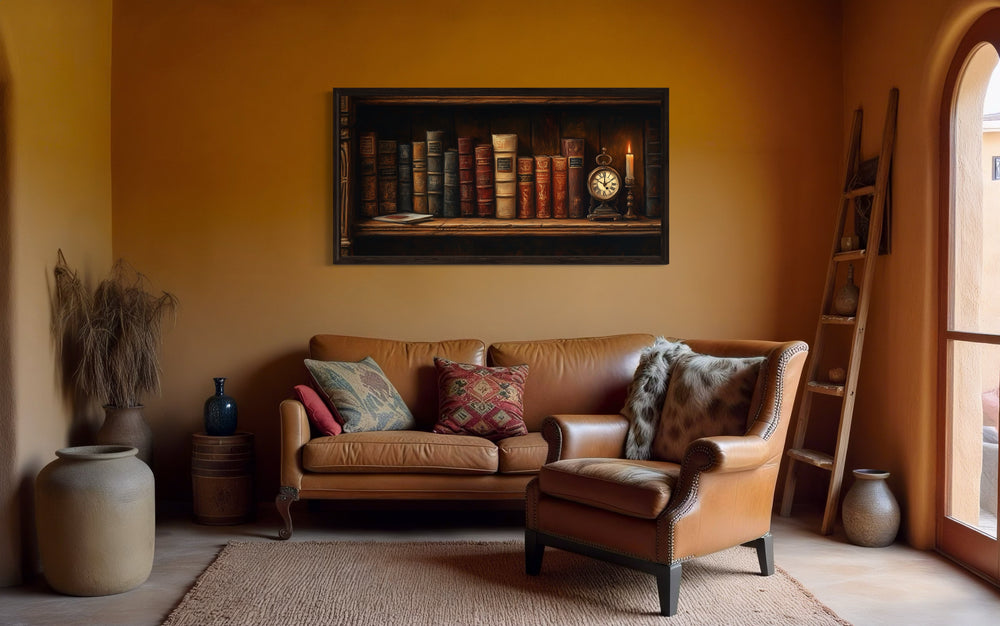 Antique bookcase wall art with vintage books, clock, and candle above a leather sofa in a warm room.