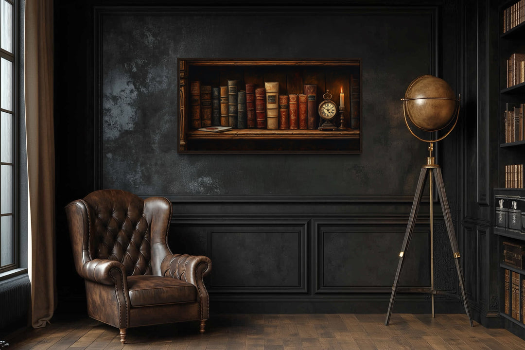 Antique Bookcase Wall Art – Vintage Books Decor | Classic Wooden Painting