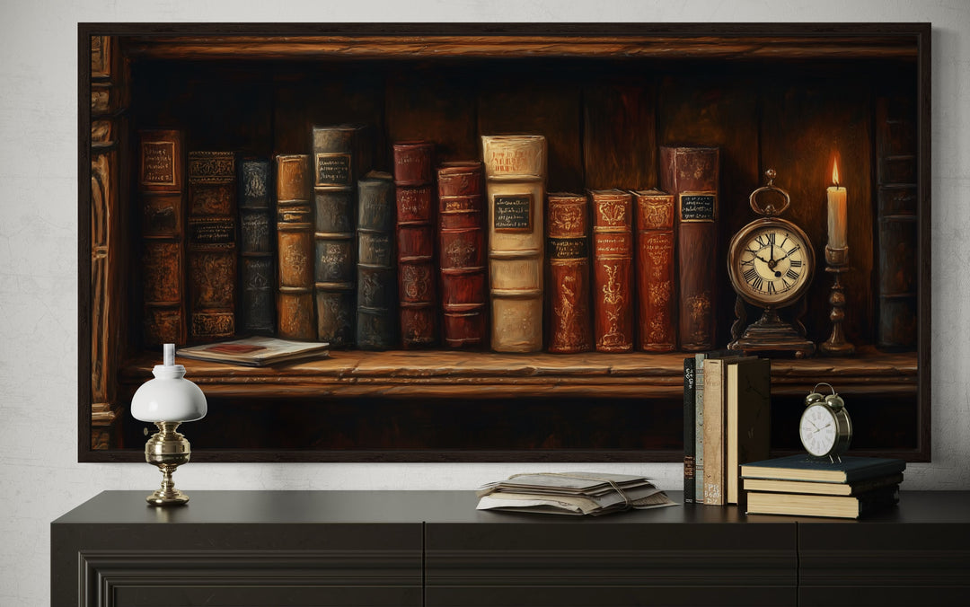 Antique Bookcase Wall Art – Vintage Books Decor | Classic Wooden Painting