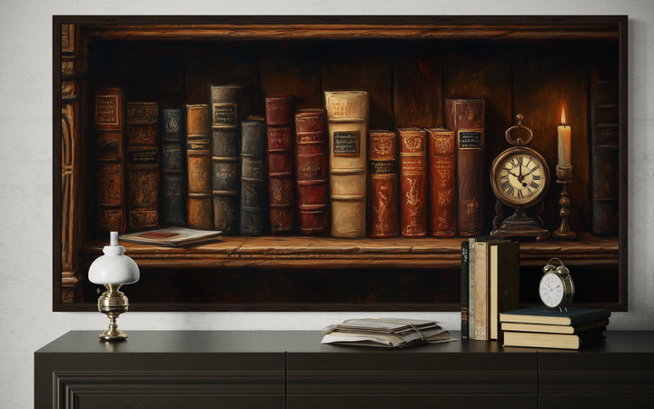 Antique Bookcase Wall Art – Vintage Books Decor | Classic Wooden Painting