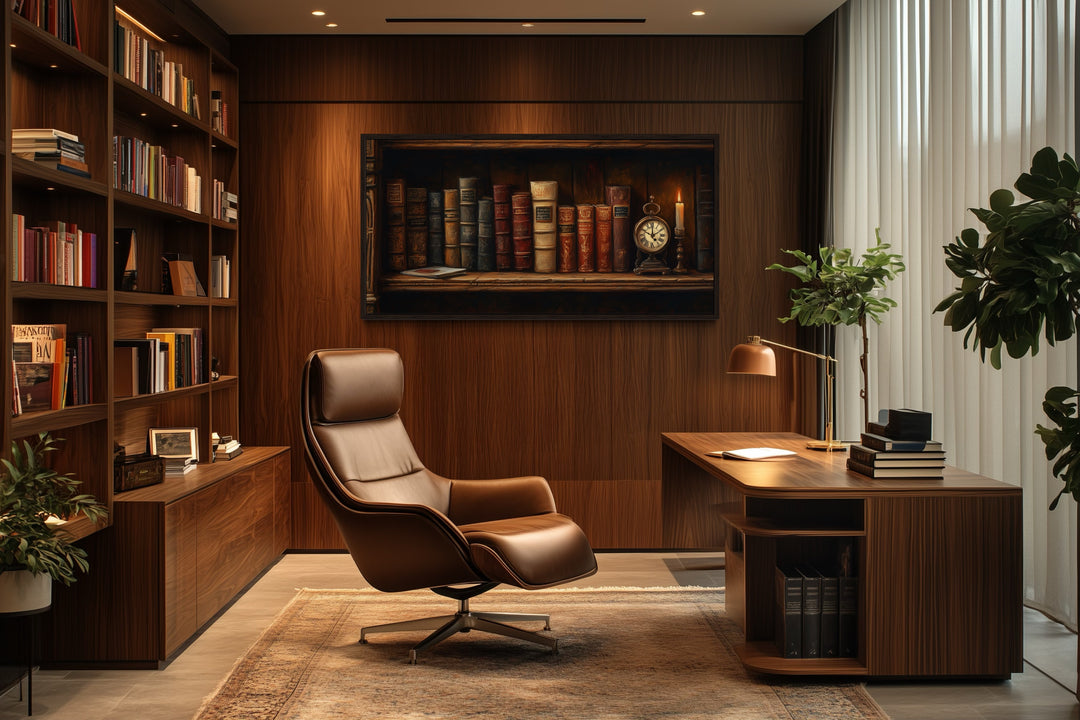 Antique Bookcase Wall Art – Vintage Books Decor | Classic Wooden Painting