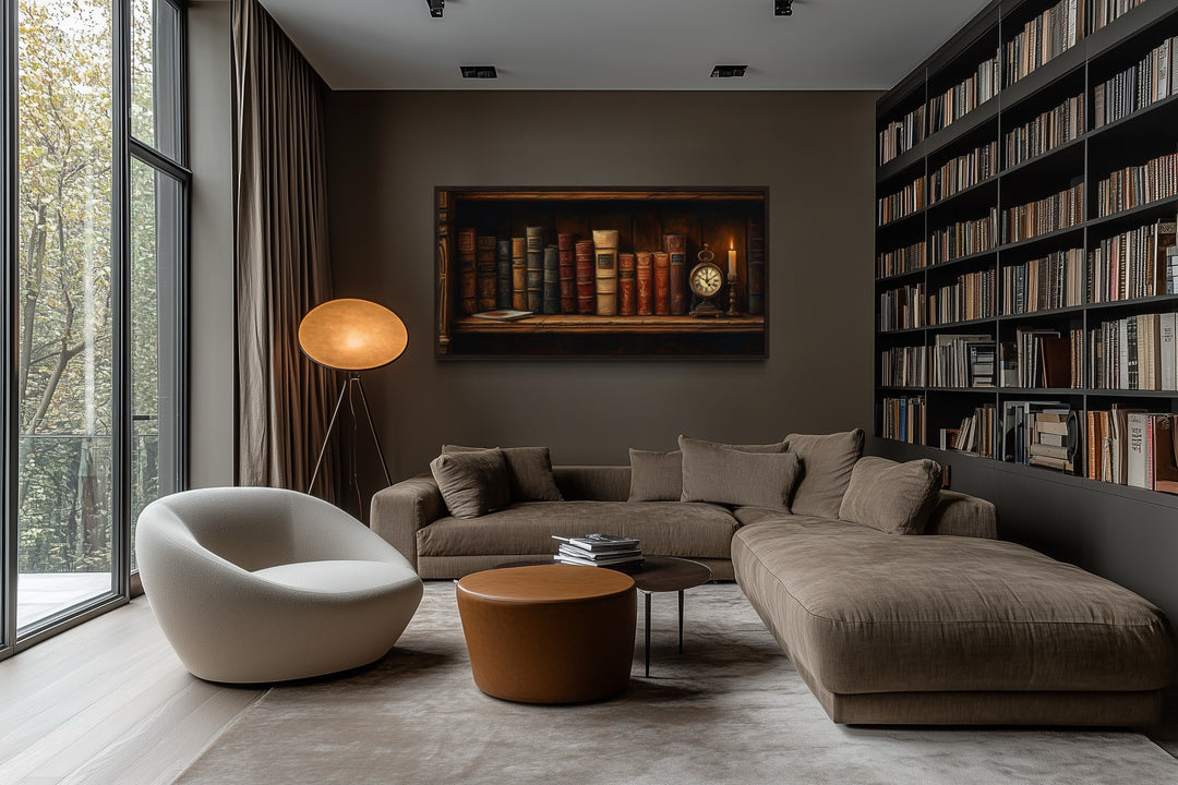 Antique Bookcase Wall Art – Vintage Books Decor | Classic Wooden Painting