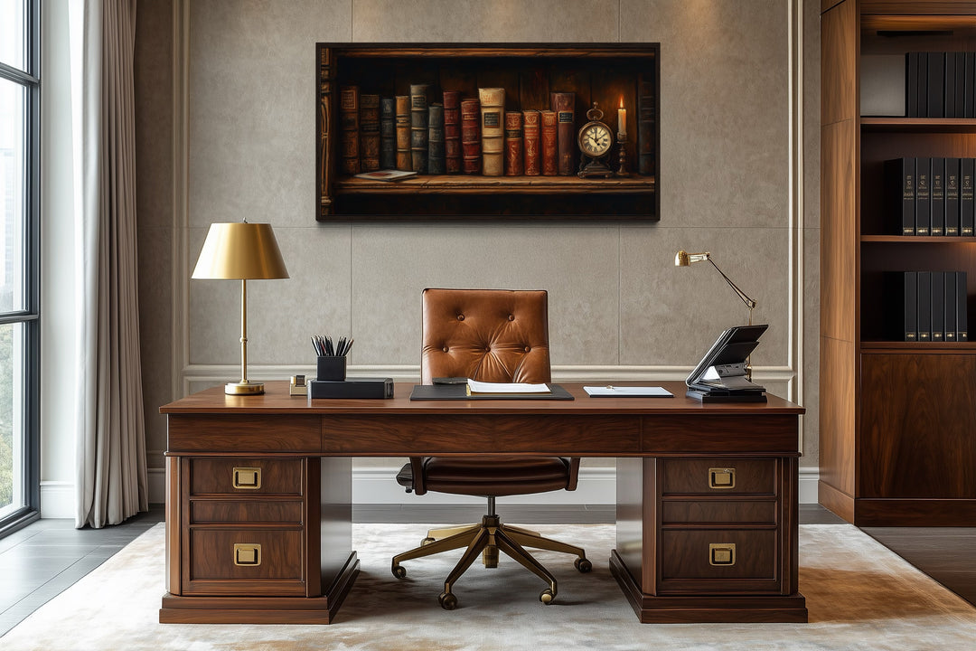 Antique Bookcase Wall Art – Vintage Books Decor | Classic Wooden Painting