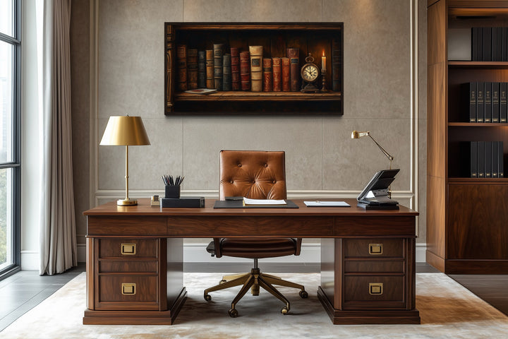 Antique Bookcase Wall Art – Vintage Books Decor | Classic Wooden Painting