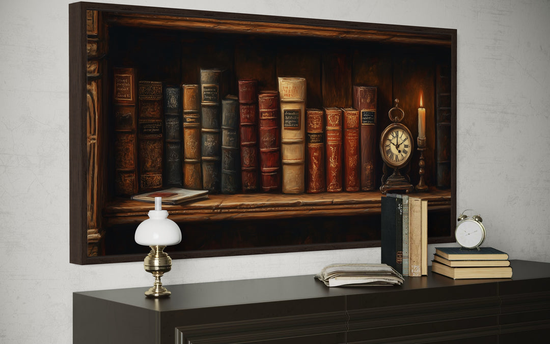 Antique Bookcase Wall Art – Vintage Books Decor | Classic Wooden Painting