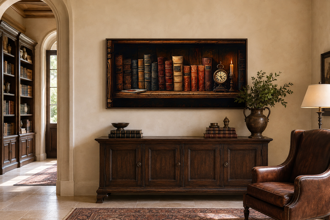 Antique bookcase wall art featuring vintage books, a clock, and a candle on a dark wooden shelf.