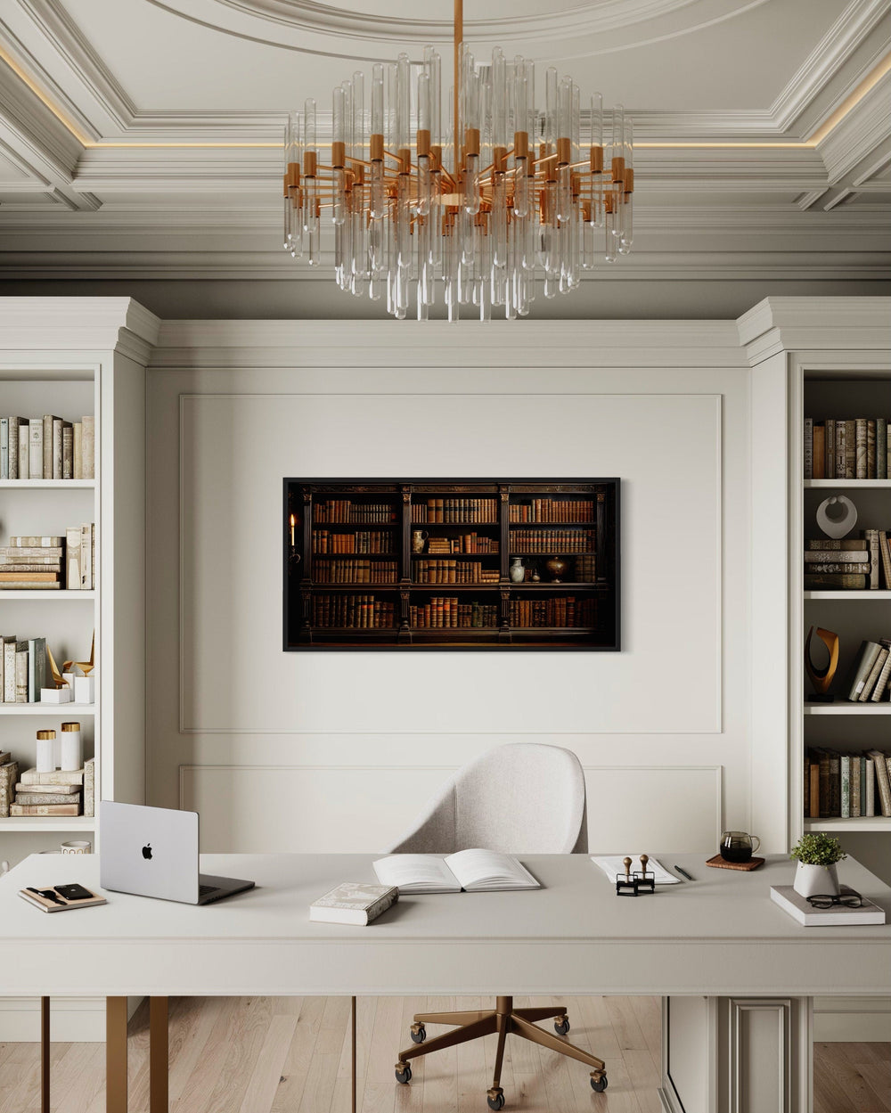 Antique Bookcase With Vintage Books Library Framed Canvas Wall Art in the office