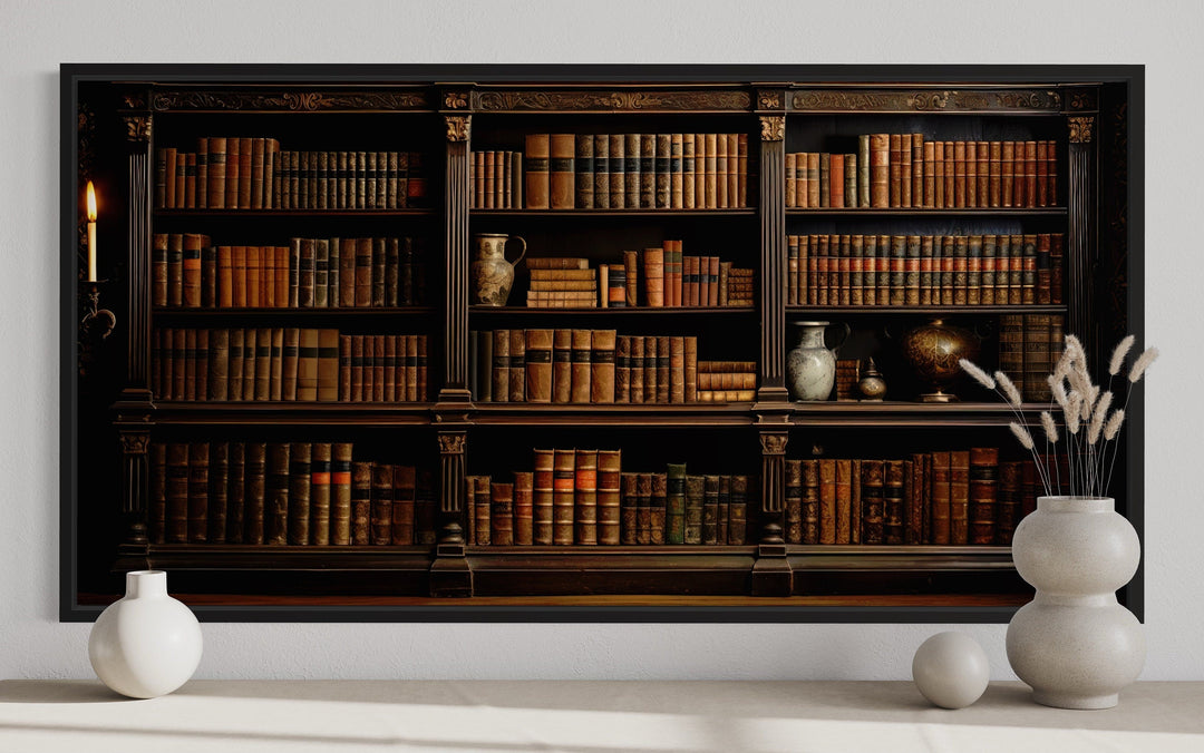 Antique Bookcase With Vintage Books Library Framed Canvas Wall Art