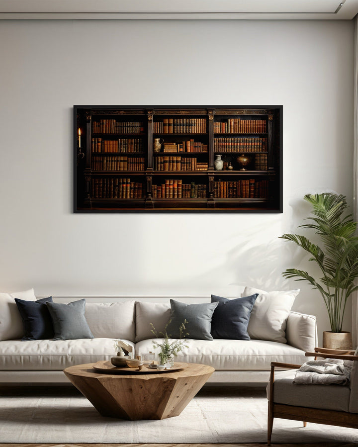 Antique Bookcase With Vintage Books Library Framed Canvas Wall Art