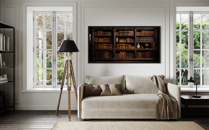 Antique Bookcase With Vintage Books Library Framed Canvas Wall Art